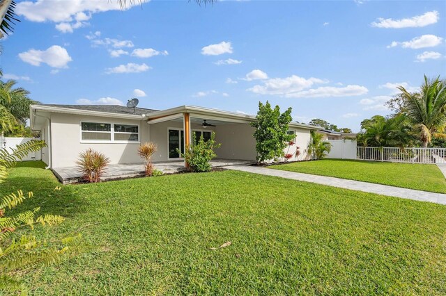 ranch-style home with ceiling fan, a patio area, fence private yard, and stucco siding