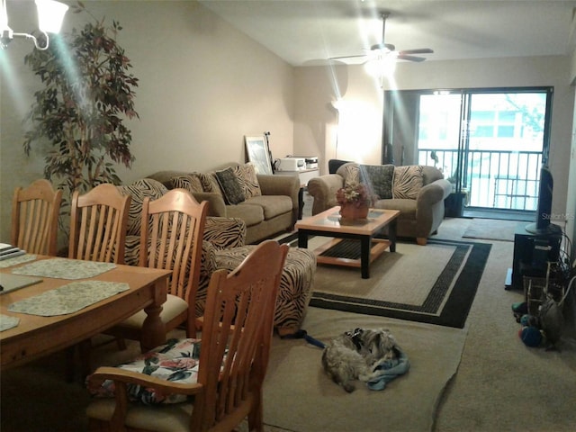 living room featuring ceiling fan and carpet floors