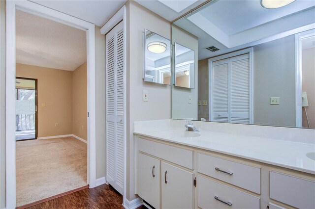 bathroom featuring hardwood / wood-style flooring and vanity