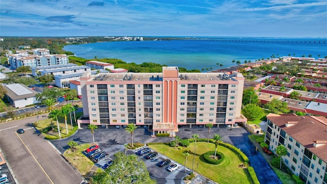 drone / aerial view with a water view