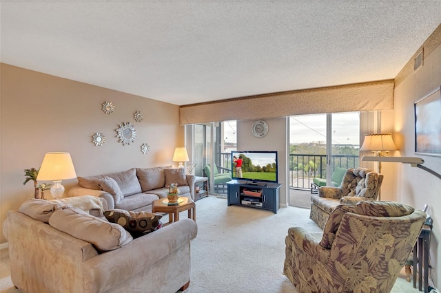 living room with light carpet and a textured ceiling