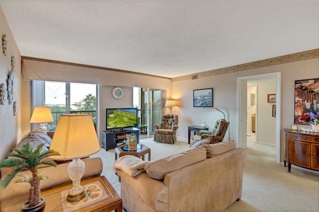 living room featuring a textured ceiling and light colored carpet