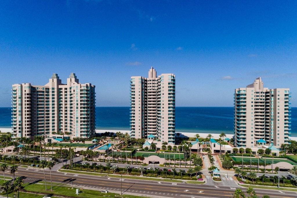 view of building exterior with a water view