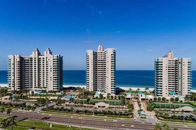 view of building exterior with a water view