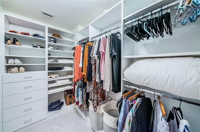 spacious closet featuring light colored carpet