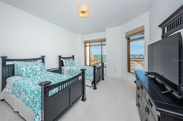 bedroom with light colored carpet