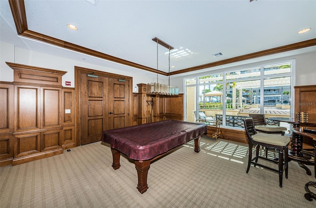 playroom with light colored carpet, pool table, and crown molding