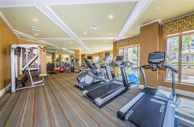 gym with carpet flooring and coffered ceiling