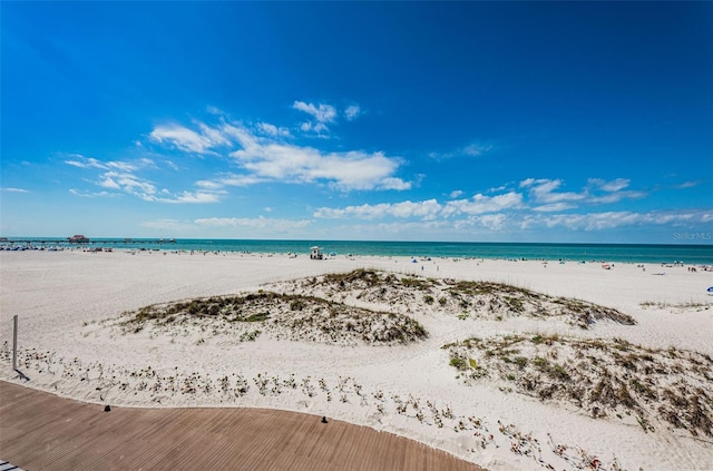 property view of water featuring a beach view