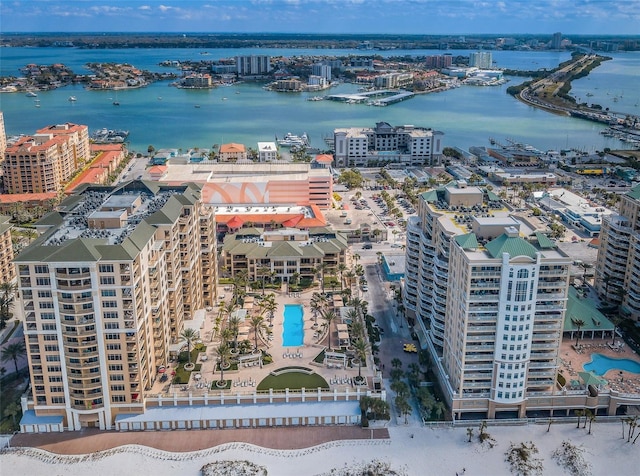 birds eye view of property featuring a water view