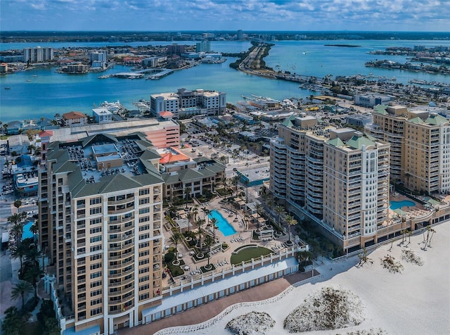 bird's eye view with a water view