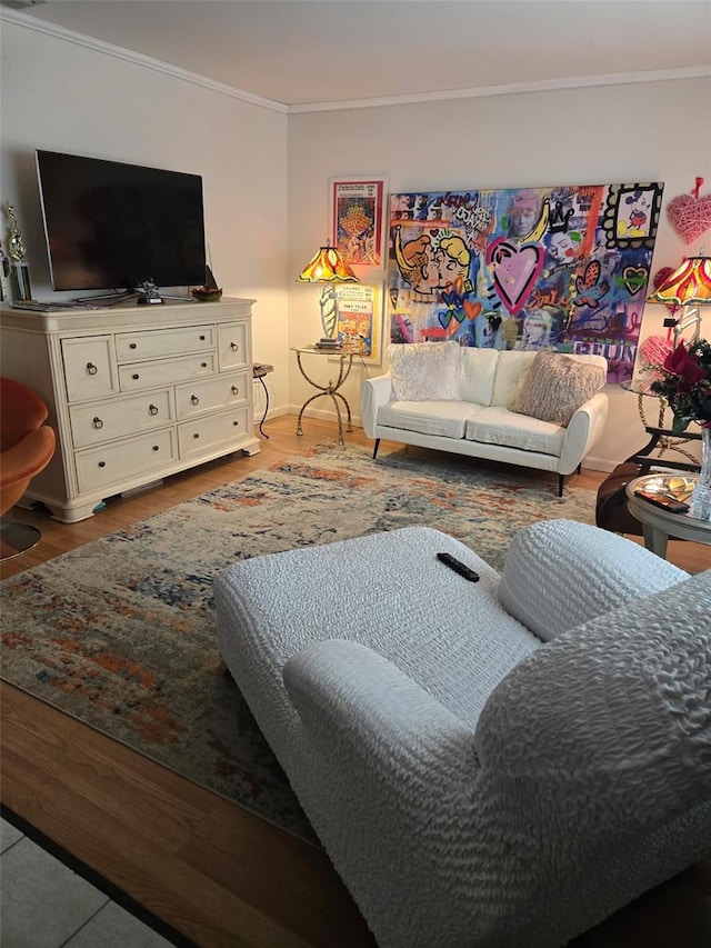 living room with crown molding and wood-type flooring