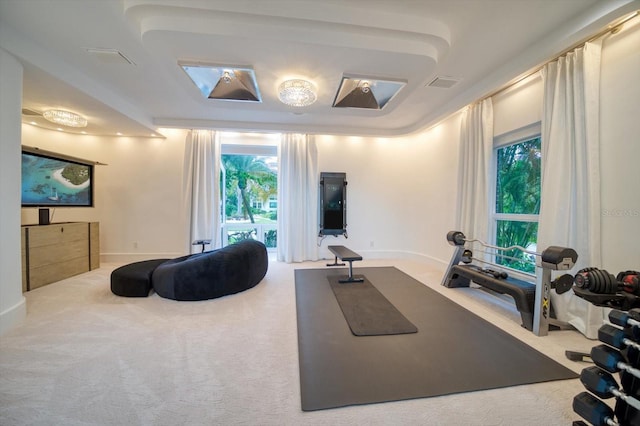 workout room with a wealth of natural light, baseboards, visible vents, and carpet flooring