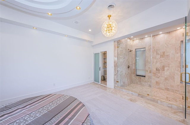 unfurnished bedroom featuring a chandelier, recessed lighting, visible vents, and baseboards