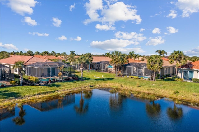 exterior space with a water view