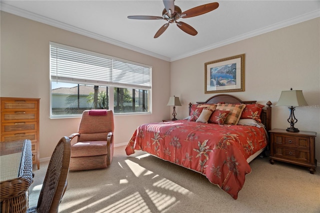 bedroom featuring light carpet, ornamental molding, and ceiling fan