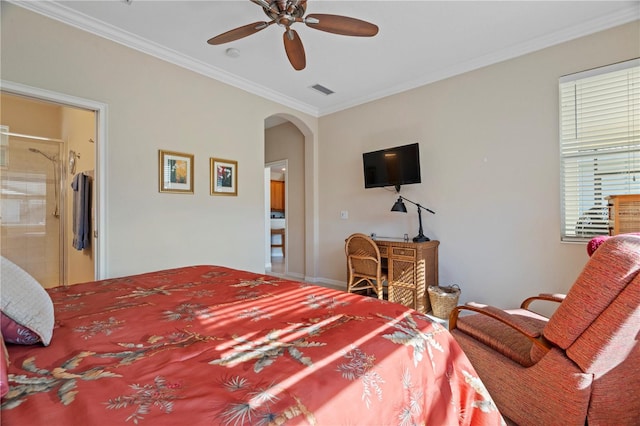 bedroom featuring connected bathroom, ornamental molding, and ceiling fan