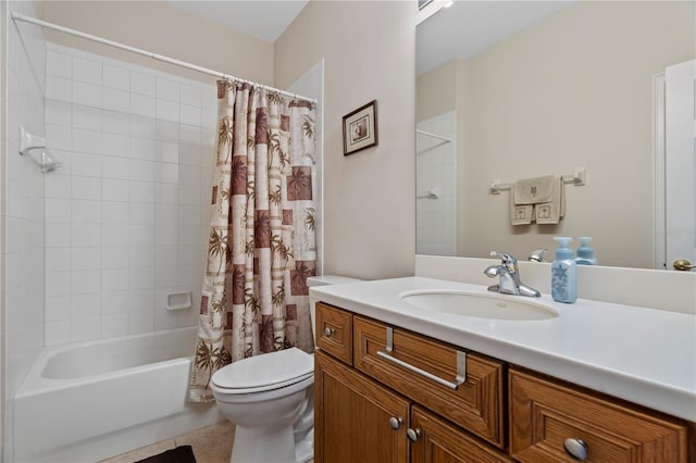 full bathroom with toilet, tile flooring, vanity, and shower / bath combo with shower curtain