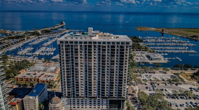 birds eye view of property featuring a water view