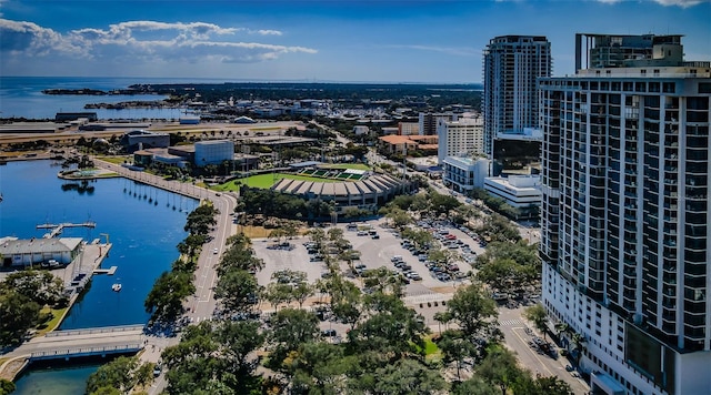 bird's eye view with a water view