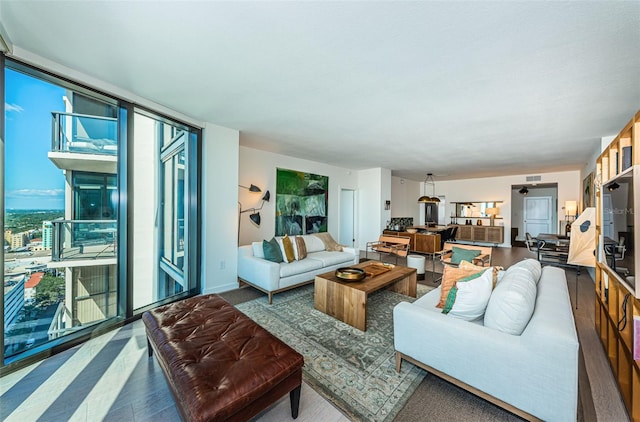 living room with dark hardwood / wood-style floors