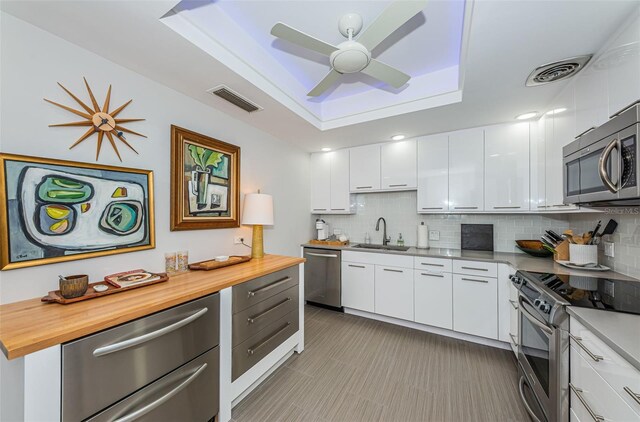 kitchen featuring appliances with stainless steel finishes, white cabinetry, ceiling fan, and a raised ceiling