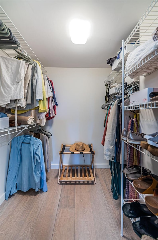 walk in closet with light wood-type flooring