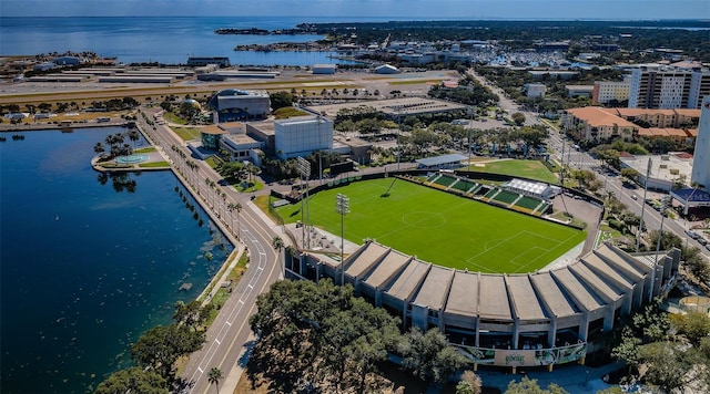 drone / aerial view with a water view