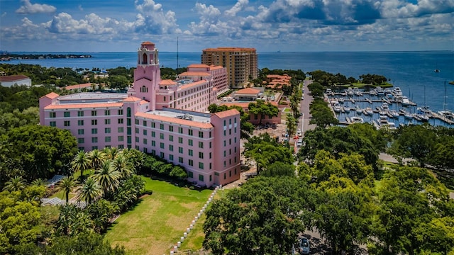 birds eye view of property featuring a water view