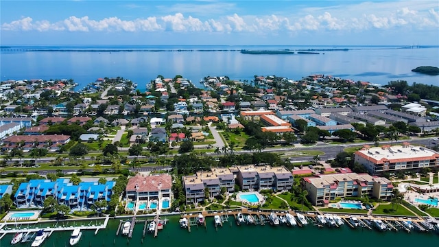 drone / aerial view with a water view