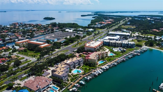 drone / aerial view featuring a water view