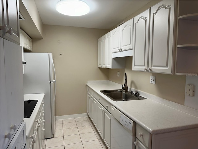 kitchen featuring a sink, light tile patterned floors, white cabinets, white appliances, and open shelves