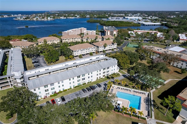 drone / aerial view with a water view