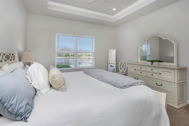 bedroom featuring a water view, light colored carpet, ornamental molding, and a tray ceiling