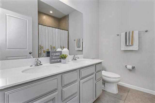 bathroom with tile patterned floors, toilet, a shower with shower curtain, and vanity