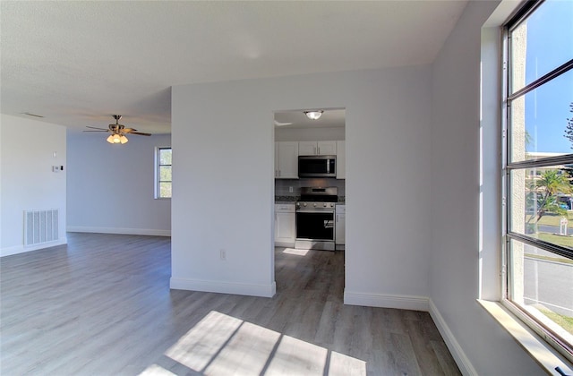 unfurnished room featuring light hardwood / wood-style flooring, ceiling fan, and a wealth of natural light