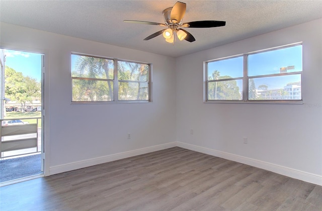 unfurnished room featuring a textured ceiling, ceiling fan, a wealth of natural light, and light wood-type flooring