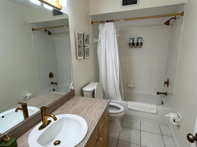 full bathroom featuring tile patterned flooring, vanity, shower / bath combination with curtain, and toilet