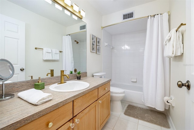 full bathroom with shower / bath combination with curtain, vanity, toilet, and tile patterned flooring