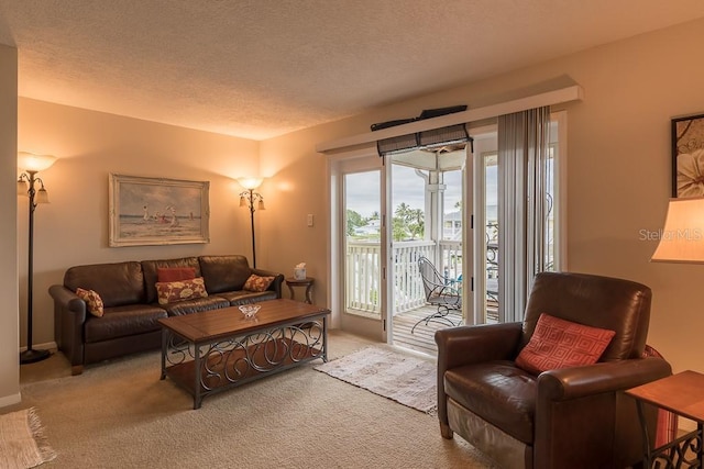 carpeted living room with a textured ceiling