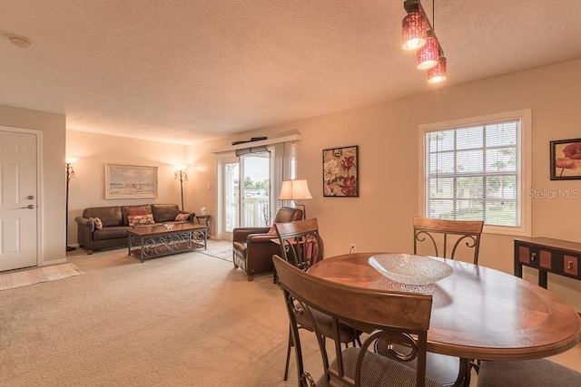 dining space featuring light colored carpet and a textured ceiling