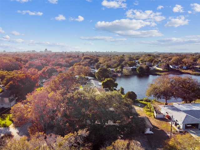 drone / aerial view with a water view