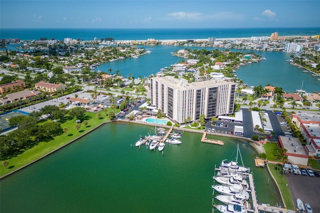 bird's eye view with a water view