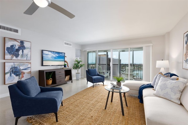 living room with ceiling fan