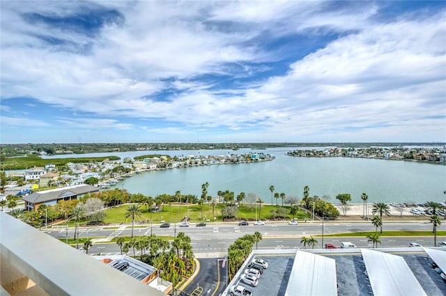 exterior space with a water view