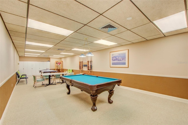 playroom featuring light carpet, pool table, and a drop ceiling