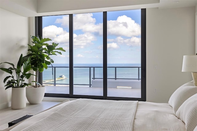 bedroom featuring a water view