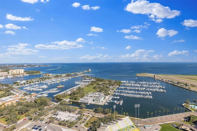 birds eye view of property featuring a water view