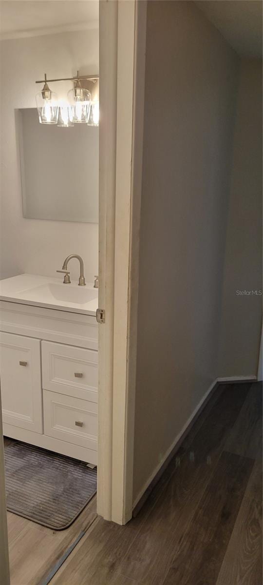 bathroom featuring wood-type flooring and vanity