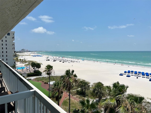 view of water feature with a beach view